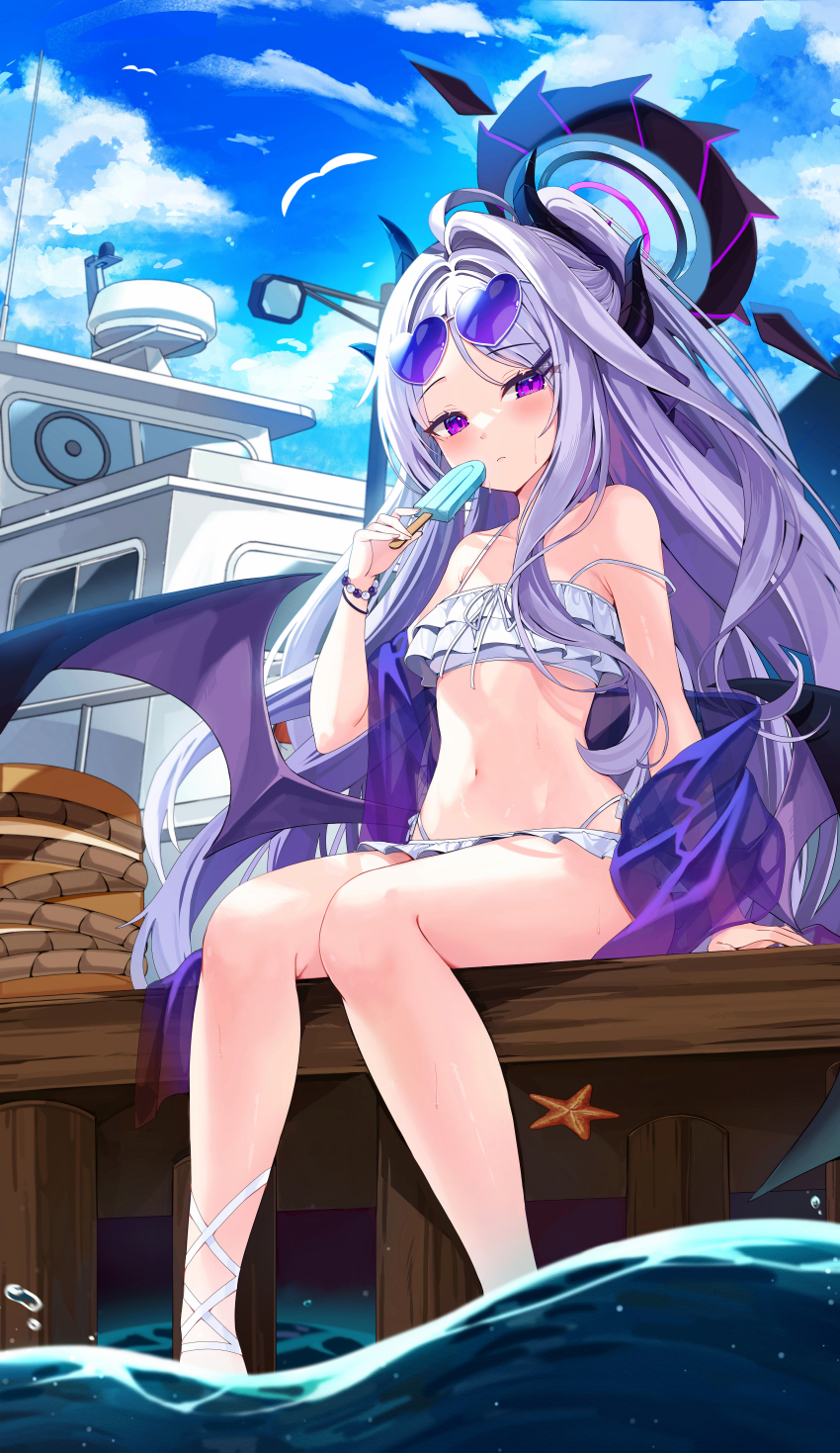 1girl absurdres alternate_costume alternate_hairstyle bare_arms bare_legs bare_shoulders belly bikini blue_archive blush closed_mouth demon_girl demon_horns demon_wings eyewear_on_head food frilled_bikini frills from_below hair_between_eyes heart heart-shaped_eyewear highres hina_(blue_archive) holding holding_food holding_ice_cream horns huge_filesize ice_cream loli long_hair looking_at_viewer navel ponytail purple-tinted_eyewear purple_eyes sayan sidelocks sunglasses swimsuit tinted_eyewear white_bikini white_hair wings wristband