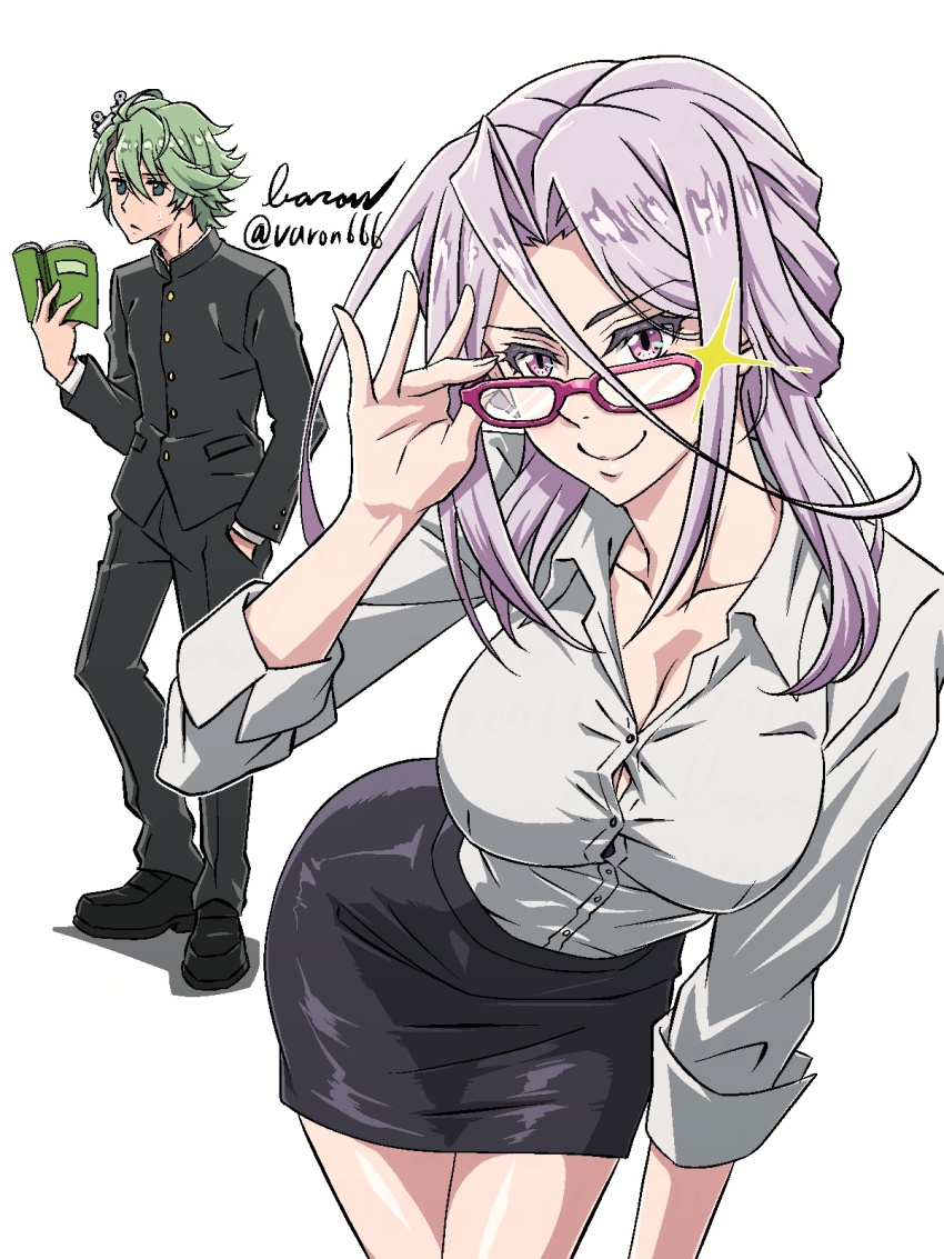 1boy 1girl baron_(varon666) breasts cleavage fuuto_tantei glasses highres large_breasts long_hair philip_(kamen_rider) purple_eyes purple_hair skirt tokime_(fuuto_tantei) varon