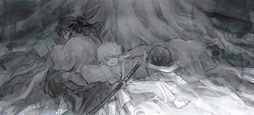 3boys absurdres book closed_eyes gintama greyscale highres japanese_clothes katsura_kotarou kimono lushu_kuye lying male_focus messy_hair monochrome multiple_boys on_back on_side ponytail sakata_gintoki sheath takasugi_shinsuke zora