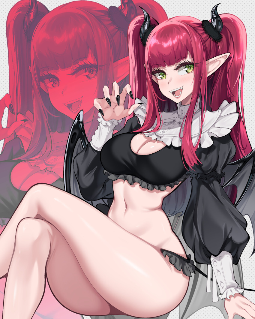 1girl :d absurdres black_nails black_wings breasts cleavage cleavage_cutout clothing_cutout crossed_legs demon_girl demon_horns demon_wings fangs green_eyes highres horns kitagawa_marin large_breasts long_hair looking_at_viewer open_mouth pale_riderz pointy_ears puffy_sleeves red_hair rizu-kyun sidelocks simple_background sitting smile solo sono_bisque_doll_wa_koi_wo_suru thighs twintails very_long_hair white_background wings zoom_layer