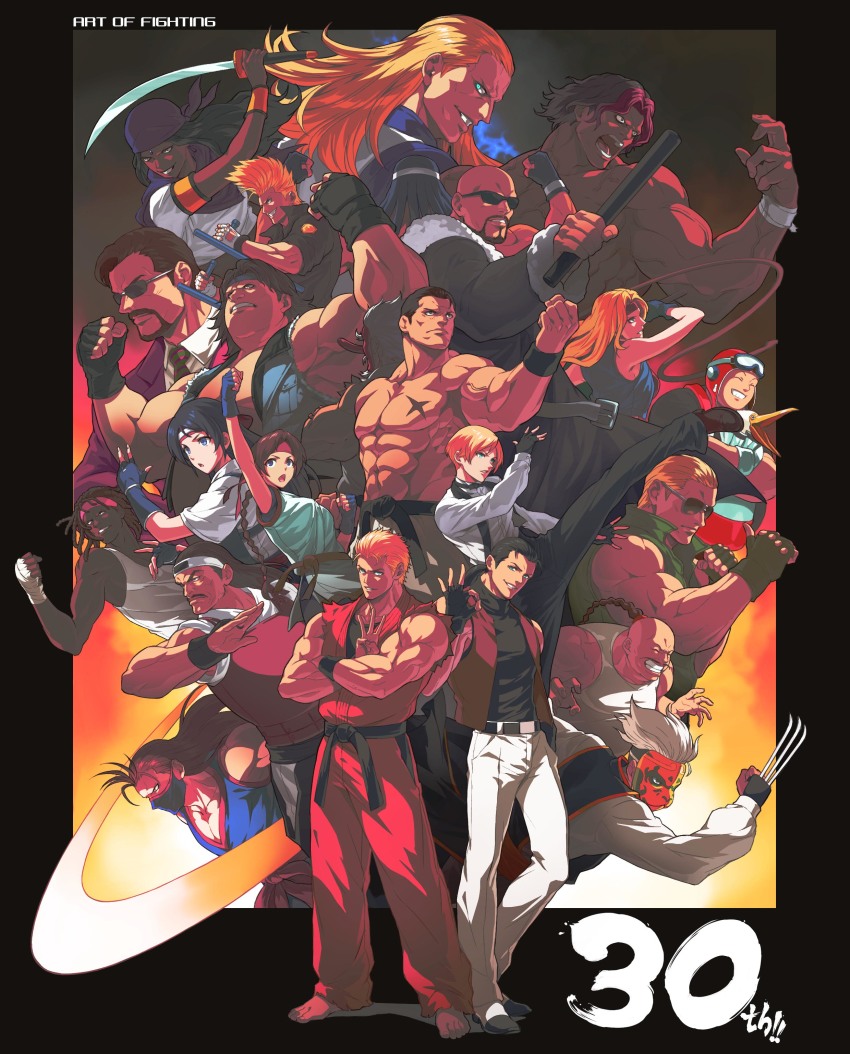 absurdres bald belt black_belt converse dark-skinned_female dark-skinned_male dark_skin dougi fighting_stance finger_counting freia_lawrence fu-ha_jin geese_howard headband highres jack_turner john_crawley karate karate_gi karman_cole king_(snk) kisaragi_eiji lee_pai_long_(ryuuko_no_ken) lenny_creston martial_arts martial_arts_belt mickey_rogers mr_big_(snk) muscular official_art ogura_eisuke red_headband robert_garcia ryou_sakazaki ryuuko_no_ken scar scar_on_chest sinclair_(ryuuko_no_ken) snk spandex sunglasses takuma_sakazaki topless_male toudou_kasumi toudou_ryuuhaku yuri_sakazaki