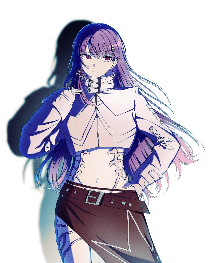 1girl absurdres black_nails black_skirt blue_hair closed_mouth commentary earrings hair_ornament hand_on_own_hip hashtag-only_commentary highres indie_utaite jewelry long_hair midriff mole mole_under_eye nail_polish purple_eyes r_falfa ring skirt solo utaite vanta_(utaite)