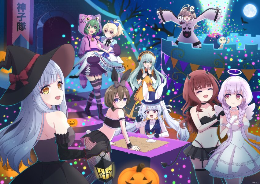 6+girls :d ^_^ absurdres ahoge alice_(alice_in_wonderland) alice_(alice_in_wonderland)_(cosplay) alice_in_wonderland andou_tazusa animal_ears animal_hood apron aqua_hair arm_garter arm_strap arm_support arms_up assault_lily bare_shoulders bare_tree bell black_bow black_choker black_dress black_footwear black_gloves black_hairband black_hat black_horns black_panties black_pantyhose black_ribbon black_skirt black_thighhighs black_tube_top blonde_hair blue_bow blue_dress blue_hat blue_vest blunt_bangs blurry blurry_background boots bow braid breasts brown_hair carrying carrying_person cat_ears cat_hood cat_tail charmy_(assault_lily) cheshire_cat_(alice_in_wonderland) cheshire_cat_(alice_in_wonderland)_(cosplay) choker cleavage closed_eyes closed_mouth collar collarbone collared_dress collared_shirt commentary_request cosplay covered_navel crop_top cropped_hoodie cross-laced_clothes cross-laced_skirt cup demon_tail detached_sleeves dress eye_contact fake_animal_ears fake_halo fake_horns fake_tail fake_wings fang fishnet_pantyhose fishnets frilled_apron frilled_gloves frilled_hairband frilled_hoodie frilled_sleeves frilled_tube_top frills full_moon garter_straps ghost_hair_ornament ghost_print gloves green_eyes green_hair grey_bow grey_hair hair_between_eyes hair_bow hairband halloween halloween_costume halo hand_on_another&#039;s_shoulder hand_up hat hat_with_ears highres hitotsuyanagi_yuri holding holding_cup holding_lantern hood hood_up hoodie horns jack-o&#039;-lantern jewelry kaede_johan_nouvel kon_kanaho lace-up_boots lantern layered_dress leaning_forward long_hair long_sleeves looking_ahead looking_at_another looking_at_object looking_at_viewer looking_to_the_side looking_up low_twin_braids low_twintails mad_hatter_(alice_in_wonderland) mad_hatter_(alice_in_wonderland)_(cosplay) map_(object) microskirt midriff miriam_hildegard_von_gropius moon multiple_girls navel neck_bell neck_ribbon night open_mouth orange_apron orange_bow orange_hairband outdoors outstretched_arms panties panty_straps pantyhose pennant piatin pink_bow ponytail princess_carry print_hoodie puffy_short_sleeves puffy_sleeves purple_eyes purple_hair purple_hoodie purple_skirt purple_thighhighs rabbit_ears rabbit_tail red_bow red_eyes ribbon ring sasaki_ran saucer second-party_source shaded_face shadow shirt short_hair short_sleeves sidelocks sideways_glance skirt sleeves_past_fingers sleeves_past_wrists smile spilling standing stomach strapless strapless_dress string_of_flags striped_bow striped_clothes striped_thighhighs sweatdrop tail tea teacup thighhighs toki_kureha top_hat tree tube_top twin_braids twintails two-tone_hairband underwear v-shaped_eyebrows vest wavy_mouth white_bow white_collar white_dress white_gloves white_hairband white_halo white_hoodie white_shirt wide_sleeves wings witch_hat wrist_cuffs yamanashi_hibari yellow_eyes yoshimura_thi_mai