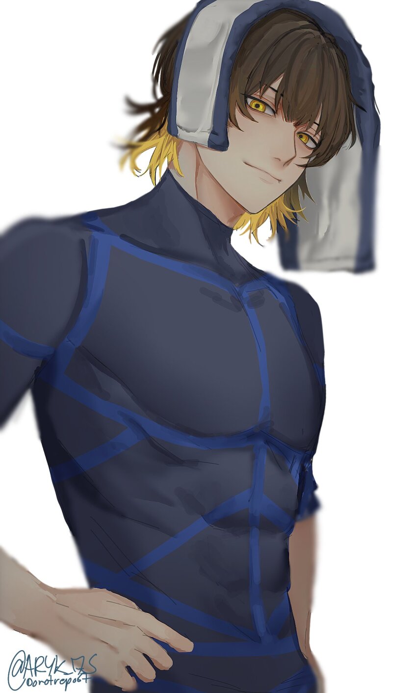 1boy aryk_7_s bachira_meguru black_hair blonde_hair blue_lock blue_lock_bodysuit closed_mouth colored_inner_hair commentary highres looking_at_viewer male_focus multicolored_hair short_hair simple_background sleeves_pushed_up solo towel towel_on_head twitter_username two-tone_hair upper_body white_background yellow_eyes