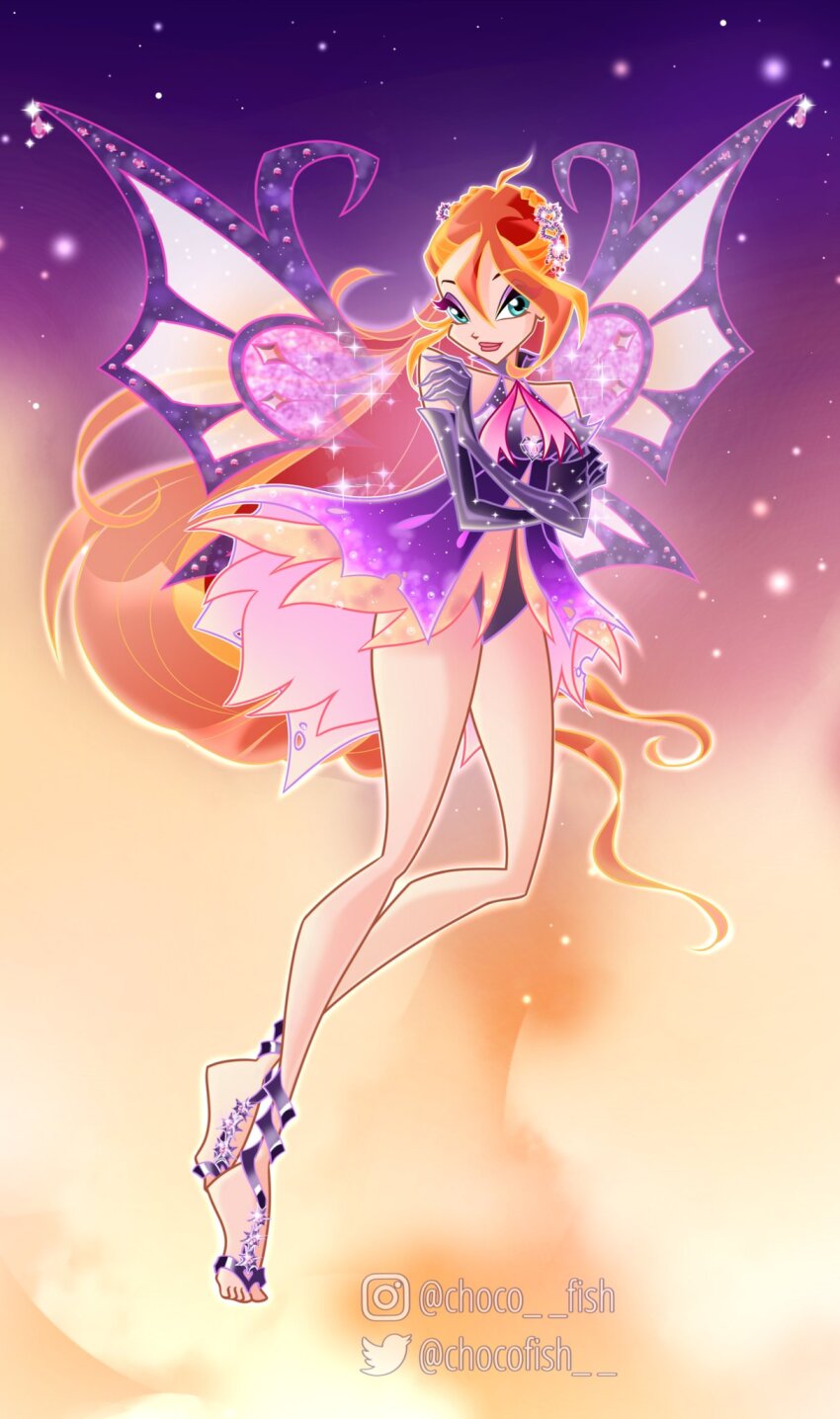 1girl ahoge alternate_costume aqua_eyes bare_legs bare_shoulders barefoot_sandals_(jewelry) blonde_hair bloom_(winx_club) bottle braid chocofish closed_mouth commentary crossed_arms crown_braid dark_bloom_(winx_club) dress elbow_gloves enchantix english_commentary eyelashes eyeshadow fairy fairy_wings fiery_background fire floating full_body glitter gloves gradient_background hair_between_eyes hair_ornament halter_dress halterneck heart heart_hair_ornament heart_necklace highres instagram_username jewelry leotard leotard_under_clothes light_particles lipstick long_hair looking_at_viewer magical_girl makeup multicolored_hair necklace orange_background orange_hair outline pink_eyeshadow purple_background purple_dress purple_gloves purple_leotard purple_wings red_lips short_dress smile solo sparkle streaked_hair toes torn_clothes torn_dress twitter_username two-tone_wings very_long_hair watermark white_outline wings winx_club yellow_wings
