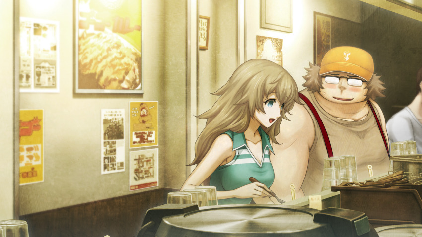 1boy 1girl amane_yuki aqua_shirt blue_eyes blush breasts brown_hair brown_shirt chopsticks collarbone couple fat fat_man game_cg glasses hair_between_eyes happy hashida_itaru hat highres holding holding_chopsticks huke indoors long_hair looking_at_another looking_at_viewer medium_breasts nervous_sweating official_art opaque_glasses open_collar open_mouth ringed_eyes shirt sleeveless sleeveless_shirt smile steins;gate steins;gate_0 sweat tank_top tongue