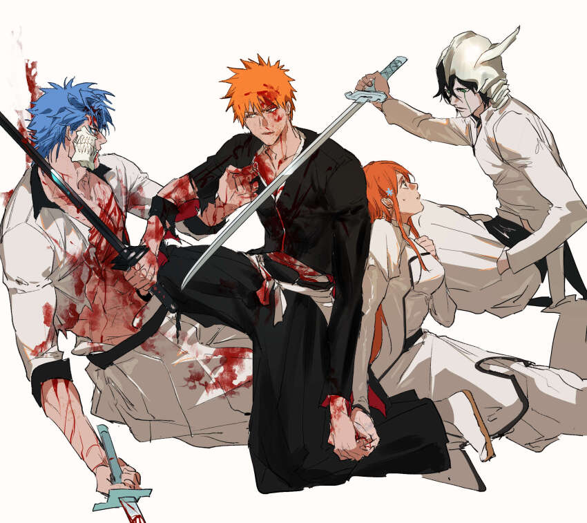 1girl 3boys abs after_battle arrancar black_hair black_kimono black_stripes bleach blood blood_on_arm blood_on_chest blood_on_clothes blood_on_face blue_eyes blue_hair breasts brown_eyes chamsut0905 dress facepaint facial_mark green_eyes grimmjow_jaegerjaquez hair_between_eyes hair_ornament hand_in_pocket highres holding holding_hands holding_sword holding_weapon horns injury inoue_orihime jacket japanese_clothes kimono kurosaki_ichigo leaning_on_object long_hair looking_at_another messy_hair multiple_boys on_one_knee open_clothes open_jacket orange_hair pants shihakusho short_hair sidelocks simple_background sitting skull_on_head spiked_hair striped_clothes striped_dress striped_jacket striped_kimono sweat sword torn_clothes torn_jacket torn_kimono ulquiorra_cifer waistband weapon white_background white_dress white_jacket white_pants white_stripes