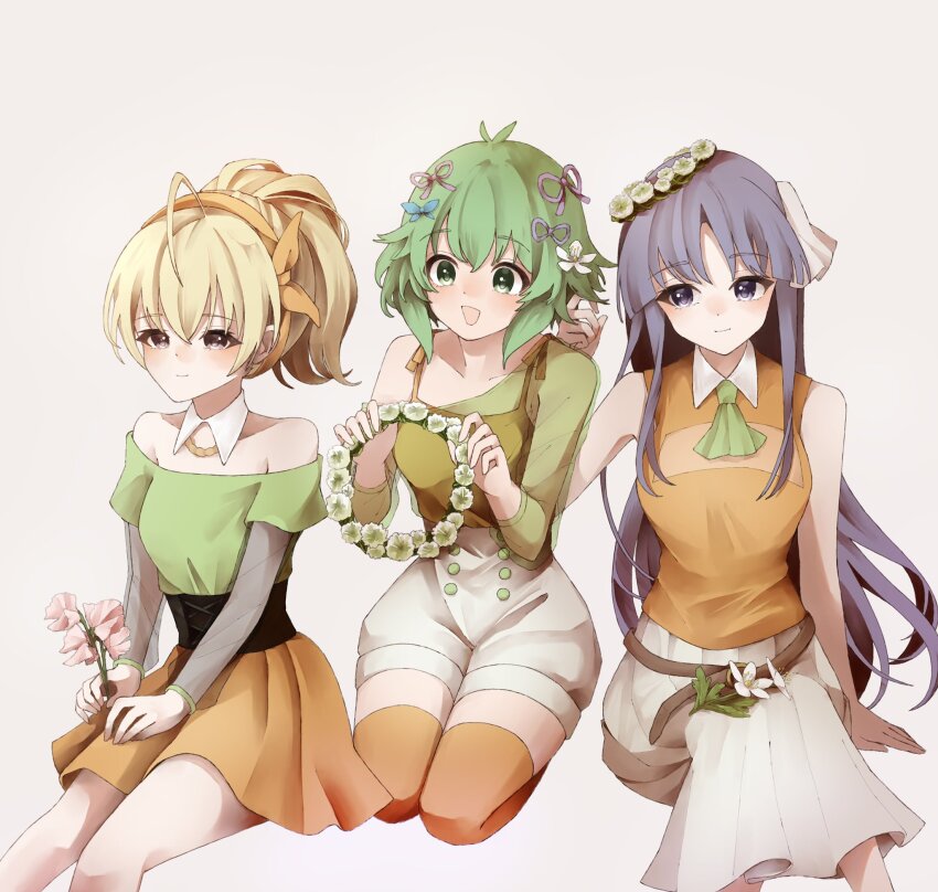 3girls :d ahoge amahara_nue ando_tazusa antenna_hair arm_at_side ascot assault_lily bare_shoulders belt blonde_hair blue_bow blush bow bow_hairband breasts brown_background brown_belt brown_eyes buttons camisole closed_mouth collarbone commentary cross-laced_clothes detached_collar feet_out_of_frame flower flower_wreath gradient_background green_ascot green_eyes green_hair green_shirt hair_between_eyes hair_bow hair_ribbon hairband hand_in_another&#039;s_hair hand_on_lap hand_up hands_up head_wreath high-waist_shorts high_ponytail highres holding holding_flower holding_wreath knees_up layered_sleeves long_hair long_sleeves looking_ahead looking_at_another looking_to_the_side medium_breasts miniskirt multiple_girls off-shoulder_shirt off_shoulder official_alternate_costume official_alternate_hairstyle open_mouth orange_bow orange_camisole orange_shirt orange_skirt orange_thighhighs pink_flower pink_ribbon pleated_skirt ponytail purple_eyes purple_hair ribbon see-through_clothes see-through_shirt see-through_sleeves seiza shirai_yuyu shirt short_hair short_sleeves shorts sidelocks sideways_glance single_bare_shoulder sitting skirt sleeveless sleeveless_shirt smile symbol-only_commentary thighhighs underbust very_long_hair white_flower white_ribbon white_shorts white_skirt yoshimura_thi_mai