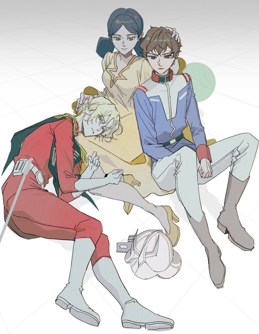 1girl 2boys acetylene-lamp amuro_ray black_hair blonde_hair boots brown_boots brown_hair char_aznable closed_mouth commentary_request dark-skinned_female dark_skin double_bun dress earth_federation epaulettes gloves green_eyes gundam hair_bun haro helmet highres lalah_sune long_sleeves military_uniform mobile_suit_gundam multiple_boys pants red_pants short_hair simple_background unworn_headwear unworn_helmet white_boots white_gloves white_pants zeon