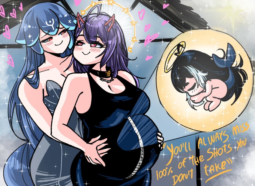 3girls akuma_nihmune bao_(vtuber) bao_(vtuber)_(1st_costume) blue_hair blush breasts closed_mouth couple eye_contact grs- halo heart highres horns indie_virtual_youtuber large_breasts long_hair looking_at_another multiple_girls pregnant purple_hair science_babies shylily tail very_long_hair virtual_youtuber yuri