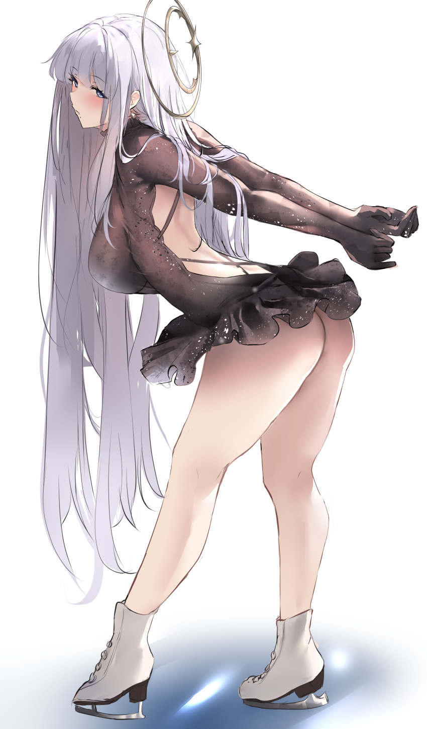 1girl absurdres ass azur_lane blue_eyes blush breasts dress full_body grey_hair guichen_(azur_lane) guichen_(sorciere_on_ice)_(azur_lane) halo highres ice_skates large_breasts liaowen long_hair long_sleeves looking_at_viewer skates solo