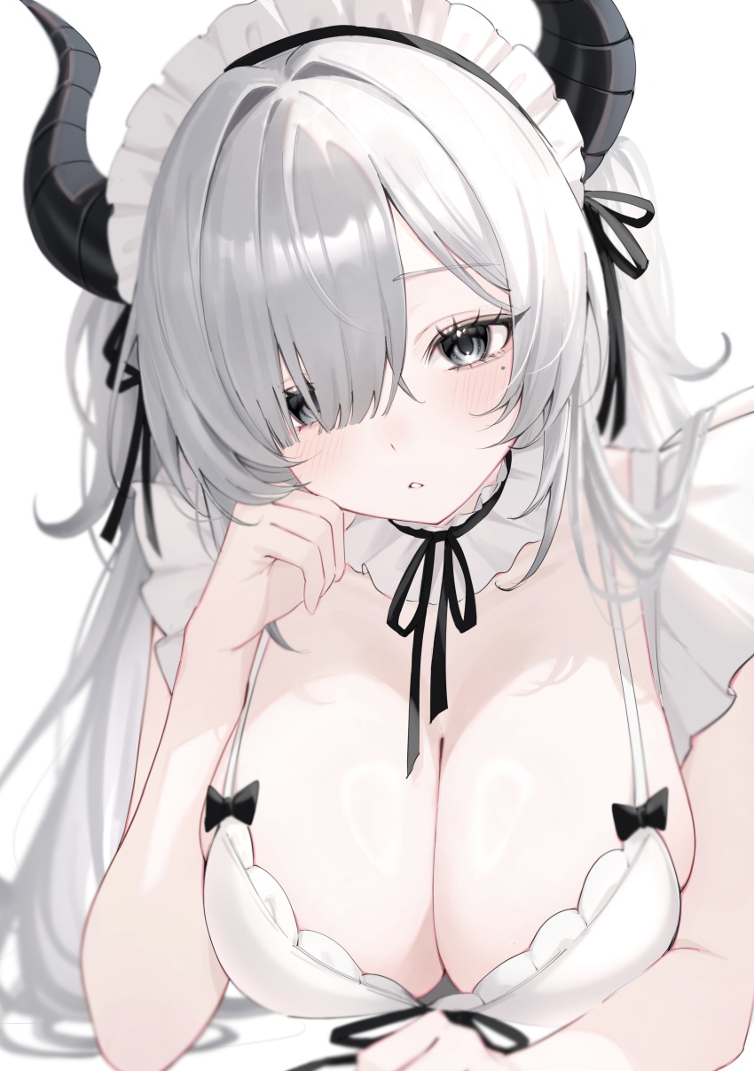 1girl absurdres arm_rest black_bow black_horns black_ribbon blush bow breasts cleavage commentary dress dress_bow elbow_rest frilled_dress frilled_hairband frills grey_eyes grey_hair hair_over_one_eye hair_ribbon hairband hand_on_own_cheek hand_on_own_face hand_up head_tilt highres horns large_breasts long_hair looking_at_viewer lying maid_headdress mole mole_under_eye namedango_(uouodango) neck_ribbon on_stomach original parted_lips ribbon simple_background solo very_long_hair white_background white_dress white_hairband