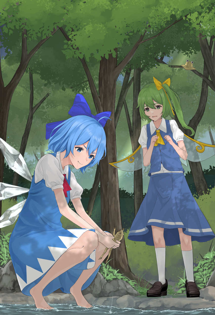 2girls absurdres animal ascot barefoot black_shoes blue_bow blue_dress blue_eyes blue_hair blue_skirt blue_vest bow bush cirno collared_shirt commentary_request daiyousei dappled_sunlight dress fairy fairy_wings foliage forest from_below grass green_eyes green_hair hair_bow hands_up hat highres holding holding_animal holding_frog ice ice_wings in_tree in_water knees looking_down multiple_girls nagato_tsumugu nature open_mouth puffy_sleeves pyonta red_ascot riverbank rock saliva shirt shoes side_ponytail sitting sitting_in_tree skirt smile socks squatting sunlight touhou transparent_wings tree unworn_hat unworn_headwear vest wading white_shirt white_socks white_wings wings worried yellow_ascot yellow_bow