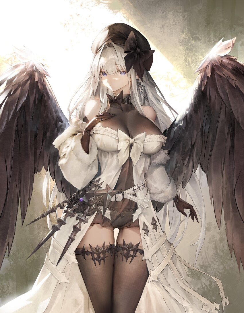 1girl absurdres black_bow blue_eyes bow bracelet breasts character_request coat collar copyright_request dagger earrings fur_coat highres jewelry jung_wonjo knife large_breasts leggings long_hair multiple_weapons panties ring thighs underwear weapon white_bow white_hair wings