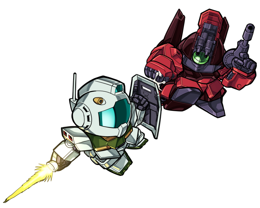 absurdres energy_sword chibi clenched_hand commission gm_ii green_eyes gun gundam highres holding holding_gun holding_shield holding_sword holding_weapon mecha no_humans one-eyed pillar_buster radio_antenna rick_dias robot shield sword weapon white_background zeta_gundam