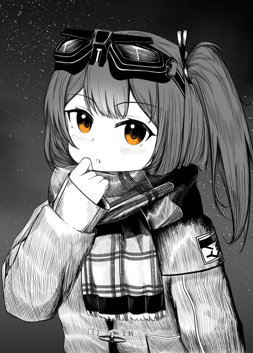 1girl absurdres commentary_request expressionless f4_u girls&#039;_frontline girls&#039;_frontline_2:_exilium goggles goggles_on_head highres holding_shawl long_hair long_sleeves looking_at_viewer mayling_shen_(girls&#039;_frontline_2) night night_sky one_side_up orange_eyes parted_lips russian_commentary shawl sky solo spot_color upper_body