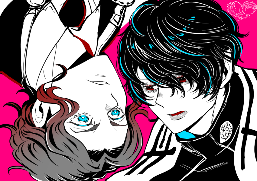 2boys beelzebub_(shuumatsu_no_valkyrie) blue_eyes curly_hair goggles goggles_around_neck greyscale greyscale_with_colored_background half-closed_eyes jitome limited_palette male_focus messy_hair monochrome multiple_boys necktie nikola_tesla_(shuumatsu_no_valkyrie) parted_lips pink_background pointy_ears red_eyes robe short_hair shuumatsu_no_valkyrie teeth upper_body upside-down