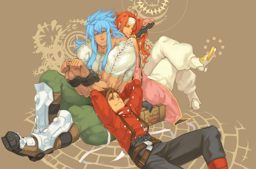 3boys armored_boots arms_behind_head belt black_pants blue_eyes blue_hair boots box brown_background brown_belt brown_eyes brown_hair crop_top cuffs green_pants grin hair_between_eyes handcuffs headband lap_pillow lloyd_irving long_hair multiple_boys muscular muscular_male nikumeron on_box pants red_hair red_shirt regal_bryan shirt short_hair smile suspenders tales_of_(series) tales_of_symphonia white_headband white_pants white_shirt zelos_wilder