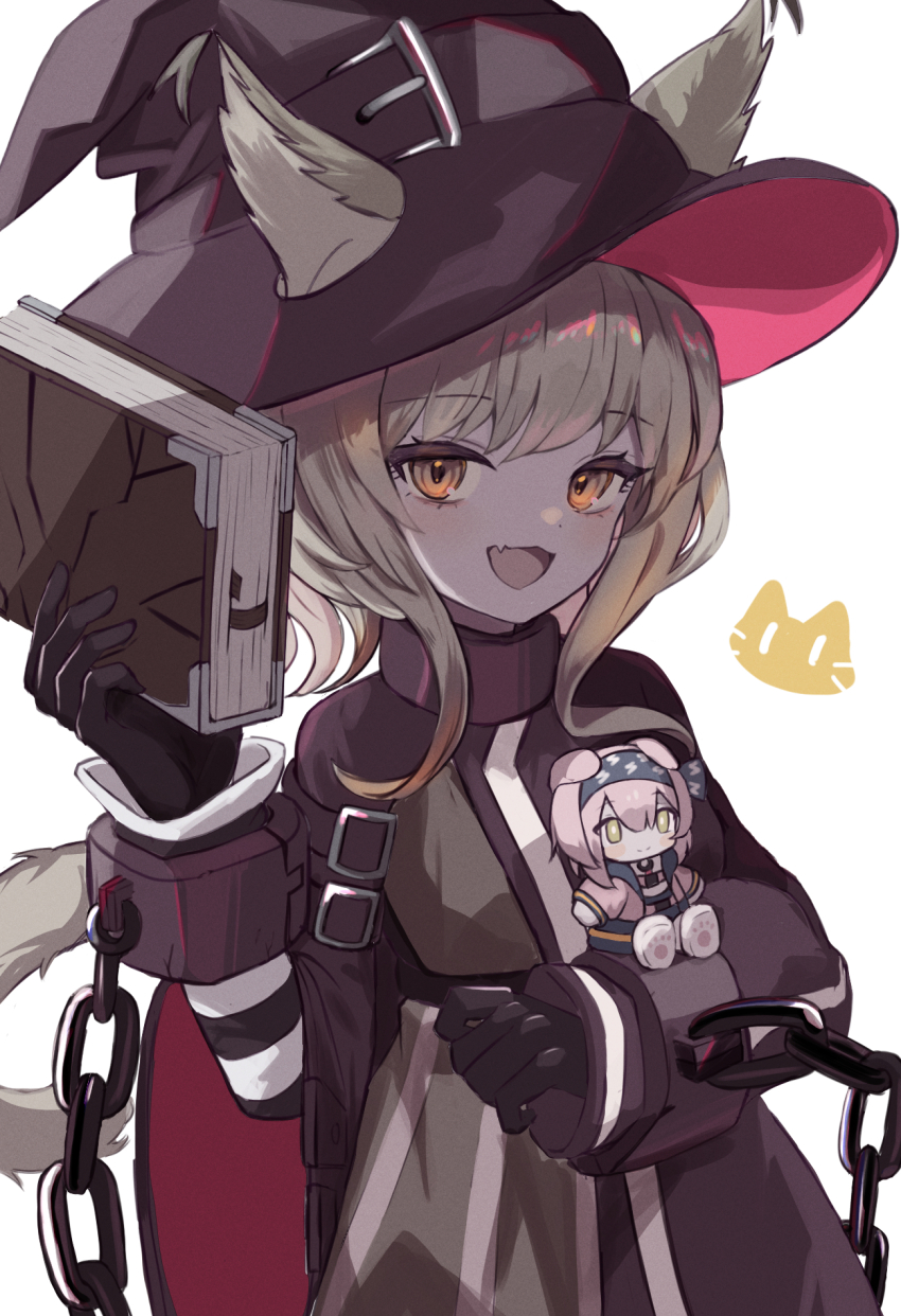 1girl animal_ears animal_print arknights arm_up black_gloves book cat_print chain character_doll cuffs doll ears_through_headwear fang fumo_(doll) gloves goldenglow_(arknights) hat hat_belt haze_(arknights) highres holding holding_book holding_doll long_sleeves looking_at_viewer open_mouth orange_eyes reinoni shackles sidelocks simple_background smile solo tail white_background witch_hat