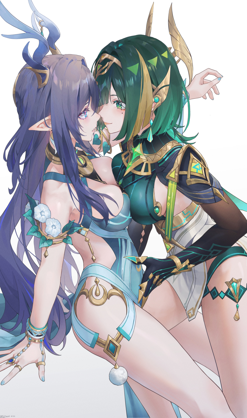 2girls absurdres antlers aqua_dress black_gloves blue_eyes breast_press breasts claws commentary deer_antlers dress face-to-face genshin_impact gloves green_eyes green_hair green_shirt highres horns large_breasts lauma_(genshin_impact) leg_between_thighs mole mole_under_eye multiple_girls nefer_(genshin_impact) pelvic_curtain pointy_ears purple_hair shirt sideless_dress simple_background swkl:d symbol-only_commentary symbol-shaped_pupils symmetrical_docking thighs triangle-shaped_pupils white_background yuri
