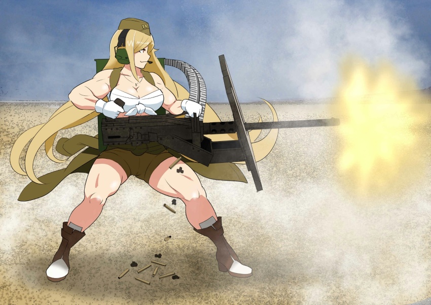 .50_bmg 1girl ammunition ammunition_backpack ammunition_belt ammunition_chute anti-materiel_cartridge blonde_hair boots breasts brown_boots browning_m2 bullet shell_casing cleavage crew-served_weapon female_focus firing garrison_cap gear_(gearba50) girls&#039;_frontline gloves gun gun_shield hat headphones heavy_machine_gun highres hmg_cartridge ironman_(ammunition_backpack) long_hair m2hb_(girls&#039;_frontline) m9_link machine_gun magnum_cartridge match_grade_ammunition military military_cartridge muscular muscular_female red_eyes rifle_cartridge shell_casing shield smoke solo supersonic_ammunition very_long_hair weapon
