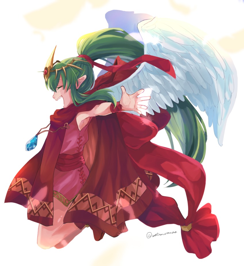 1girl angel_wings bad_id bad_twitter_id cloak closed_eyes dress female_focus fire_emblem fire_emblem:_mystery_of_the_emblem fire_emblem_heroes from_side green_hair hair_ribbon highres hood hood_down long_hair matumuraaaa nintendo open_mouth pink_dress pointy_ears ponytail ribbon short_dress simple_background solo stone tiara tiki_(fire_emblem) tiki_(young)_(fire_emblem) tiki_(young)_(legendary_dragon)_(fire_emblem) twitter_username white_background wings wristband