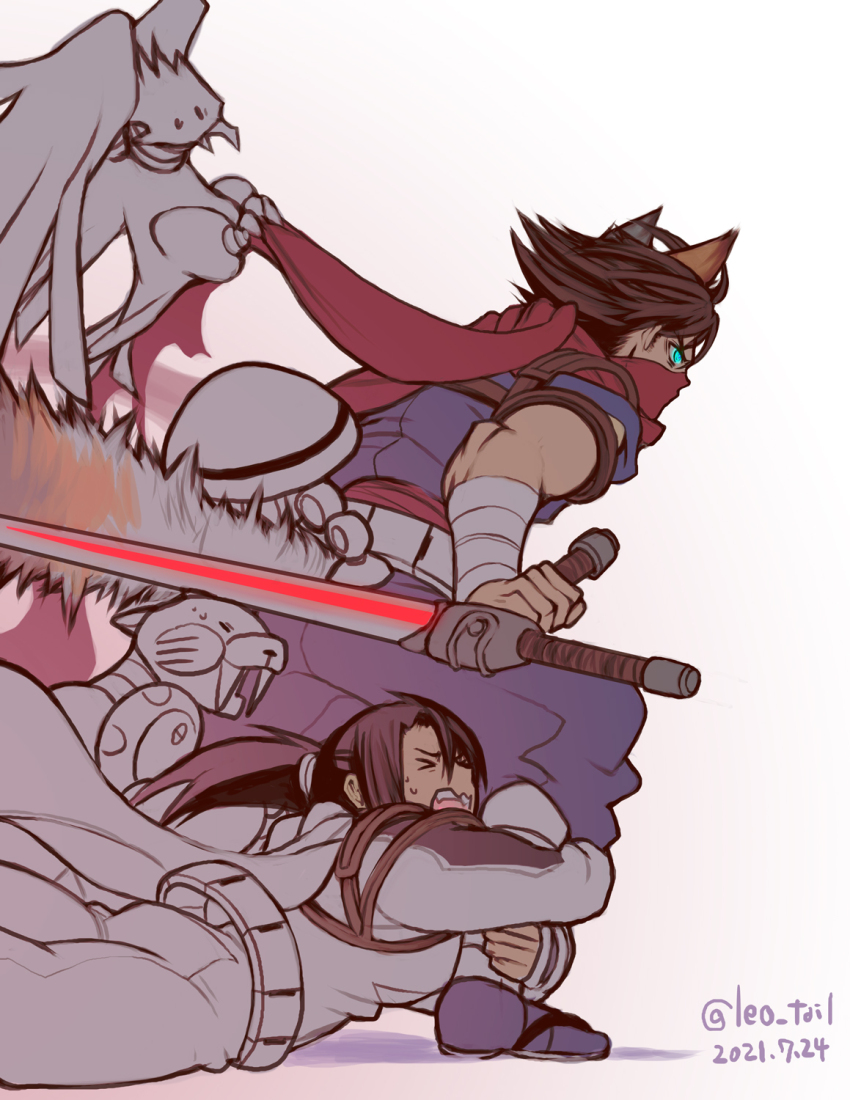 &gt;_&lt; 2boys aqua_eyes brown_hair dated dipodal_saucer glowing glowing_eye highres leg_grab leo_tail long_hair lying male_focus mask mouth_mask multiple_boys non-humanoid_robot on_stomach open_mouth ponytail purple_hair red_mask red_scarf robot robot_animal scarf short_hair simple_background strider_(video_game) strider_hien strider_hiryuu sweat tetrapodal_mecha_panther twitter_username white_background white_scarf