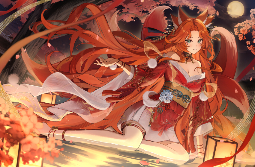 1girl absurdres animal_ears blush breasts character_request cleavage commentary_request fox_ears fox_girl fox_tail full_body full_moon green_eyes hand_up highres japanese_clothes kimono long_hair long_sleeves looking_at_viewer miyanami_3 moon night nishui_han obi official_art orange_hair outdoors parted_bangs parted_lips red_kimono sash sitting smile solo tail wide_sleeves