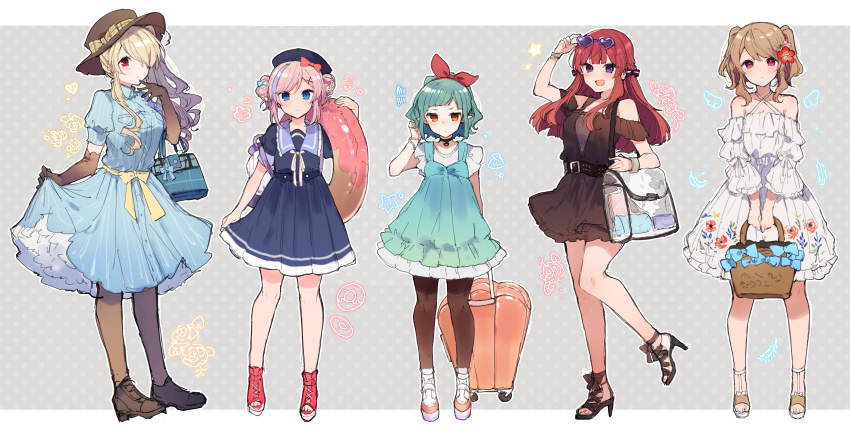 5girls :d absurdres anna_(ikeuchi_tanuma) bag bare_shoulders belt black_choker blue_bow blue_dress blush bow bow_hairband bracelet brown_dress brown_footwear brown_gloves brown_hair brown_headwear choker closed_mouth commentary_request criss-cross_halter dot_nose double_bun dress edel_(ikeuchi_tanuma) elbow_carry elbow_gloves embarrassed eyewear_on_head floral_print flower gloves green_dress green_hair hair_bun hair_flower hair_ornament hair_over_one_eye hairband hairclip halterneck hand_up handbag hat hat_bow heart heart-shaped_eyewear heart_choker high_heels highres holding ikeuchi_tanuma innertube jewelry light_brown_hair long_dress looking_at_viewer multicolored_hair multiple_girls no_nose one_eye_covered one_side_up open_mouth original pantyhose petticoat pink_eyes pink_hair pointy_ears purple-framed_eyewear purple_eyes red_bow red_eyes red_flower red_footwear red_hair red_hairband rije_(ikeuchi_tanuma) rolling_suitcase rosette_(ikeuchi_tanuma) sailor_dress sailor_hat sandals shoes short_dress short_sleeves shoulder_bag simple_background skirt_hold smile standing standing_on_one_leg streaked_hair suitcase sunglasses swim_ring tino_(ikeuchi_tanuma) twintails twitter_username v_arms white_background white_dress x_hair_ornament yellow_bow