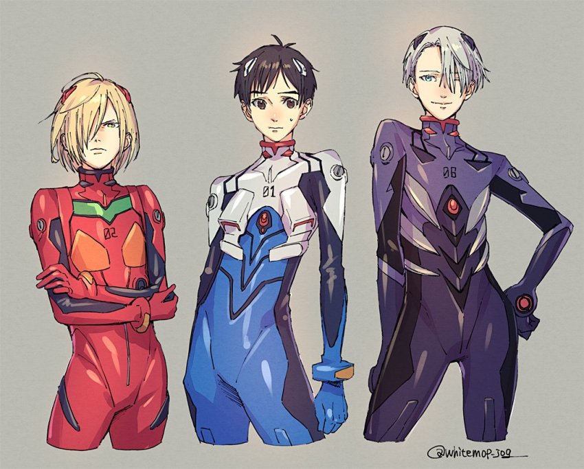 &gt;:( 3boys :| ahoge antenna_hair arm_at_side black_bodysuit black_hair blonde_hair blue_bodysuit blue_eyes bodysuit bracer brown_eyes closed_mouth contrapposto cosplay cowboy_shot cropped_legs crossed_arms facing_viewer frown gloves grey_background grey_eyes grey_hair hair_over_one_eye hand_on_own_hip headgear ikari_shinji ikari_shinji_(cosplay) interface_headset_(evangelion) katsuki_yuuri legs_apart lineup male_focus mecha_pilot_suit multiple_boys nagisa_kaworu nagisa_kaworu_(cosplay) neon_genesis_evangelion one_eye_closed parted_bangs plugsuit_(evangelion) serious short_hair simple_background souryuu_asuka_langley souryuu_asuka_langley_(cosplay) standing sweatdrop toned twitter_username v-shaped_eyebrows viktor_nikiforov whitemop_jog yellow_eyes yuri!!!_on_ice yuri_plisetsky