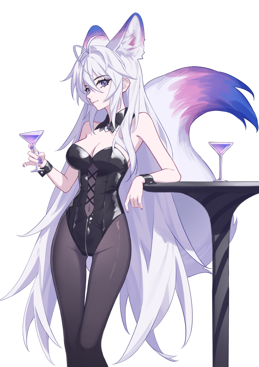 1girl absurdres animal_ear_fluff animal_ears bare_shoulders black_collar black_leotard black_pantyhose black_wrist_cuffs breasts closed_mouth collar commentary covered_navel cowboy_shot cup detached_collar drinking_glass elbow_rest extra_ears fox_ears fox_girl fox_tail hair_between_eyes highres holding holding_cup large_breasts leotard long_hair looking_at_viewer luo_shun_yao meng_xi_xuan nail_polish original pantyhose purple_eyes purple_nails sidelocks simple_background smile solo strapless strapless_leotard table tail very_long_hair white_background white_hair wrist_cuffs