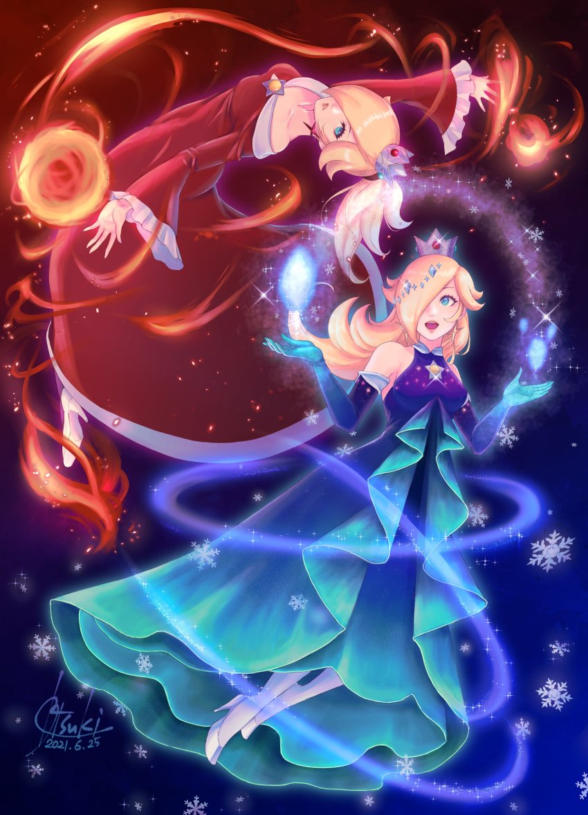 2girls absurdres alternate_costume bare_shoulders blonde_hair blue_dress blue_eyes brooch dated dress dual_persona earrings elbow_gloves eyelashes fire fire_rosalina flying gloves high_heels highres jewelry mario_(series) mario_kart mario_kart_tour multiple_girls nintendo one_eye_covered ponytail red_dress rosalina rosalina_(aurora) snowflakes super_mario_3d_world tsuki_(applebeniakari) white_footwear