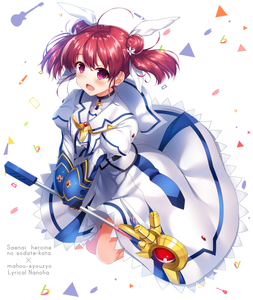 1girl black_gloves blush copyright_name cosplay female_focus fingerless_gloves full_body gloves hair_between_eyes hair_ribbon hashima_izumi highres holding holding_staff long_hair lyrical_nanoha mahou_shoujo_lyrical_nanoha open_mouth raiou raising_heart raising_heart_(device_mode)_(1st) red_eyes red_hair ribbon saenai_heroine_no_sodatekata solo staff takamachi_nanoha takamachi_nanoha_(cosplay) takamachi_nanoha_(sacred_mode)_(2nd) twintails white_background white_ribbon