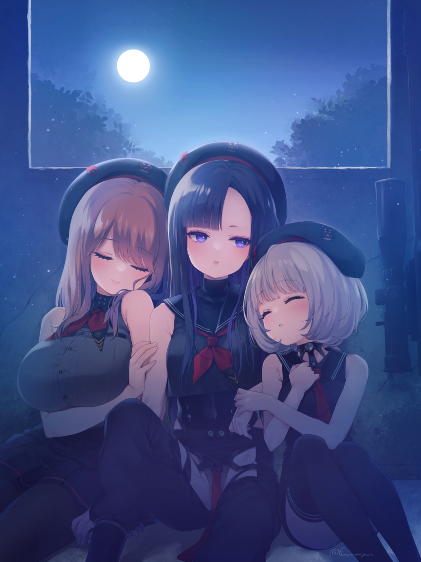 3girls absolute_(nikke) asymmetrical_bangs beret black_hair blush breasts brown_hair closed_mouth collared_leotard emma_(nikke) eunhwa_(nikke) forehead fummy gloves goddess_of_victory:_nikke grey_hair gun hat highres holding large_breasts long_hair long_sleeves medium_breasts multicolored_hair multiple_girls necktie pantyhose purple_eyes purple_hair red_necktie rifle scope shirt short_hair sleeping sleeveless small_breasts smile sniper_rifle thighhighs vesti_(nikke) weapon