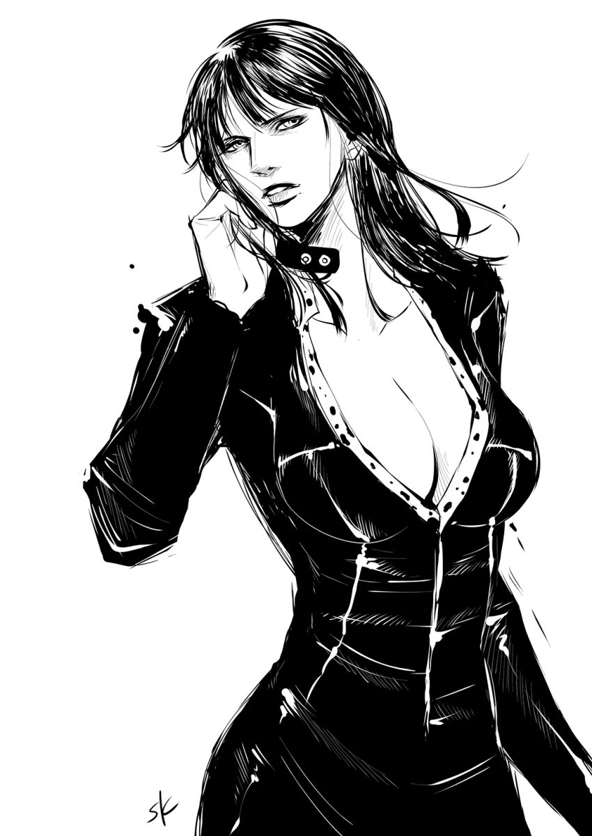 1girl blunt_bangs breasts cleavage collarbone commentary cowboy_shot greyscale hand_in_own_hair highres large_breasts leather_dress long_hair long_sleeves looking_to_the_side monochrome nico_robin nico_robin_(water_7) one_piece parted_lips signature simple_background solo tazan upper_body