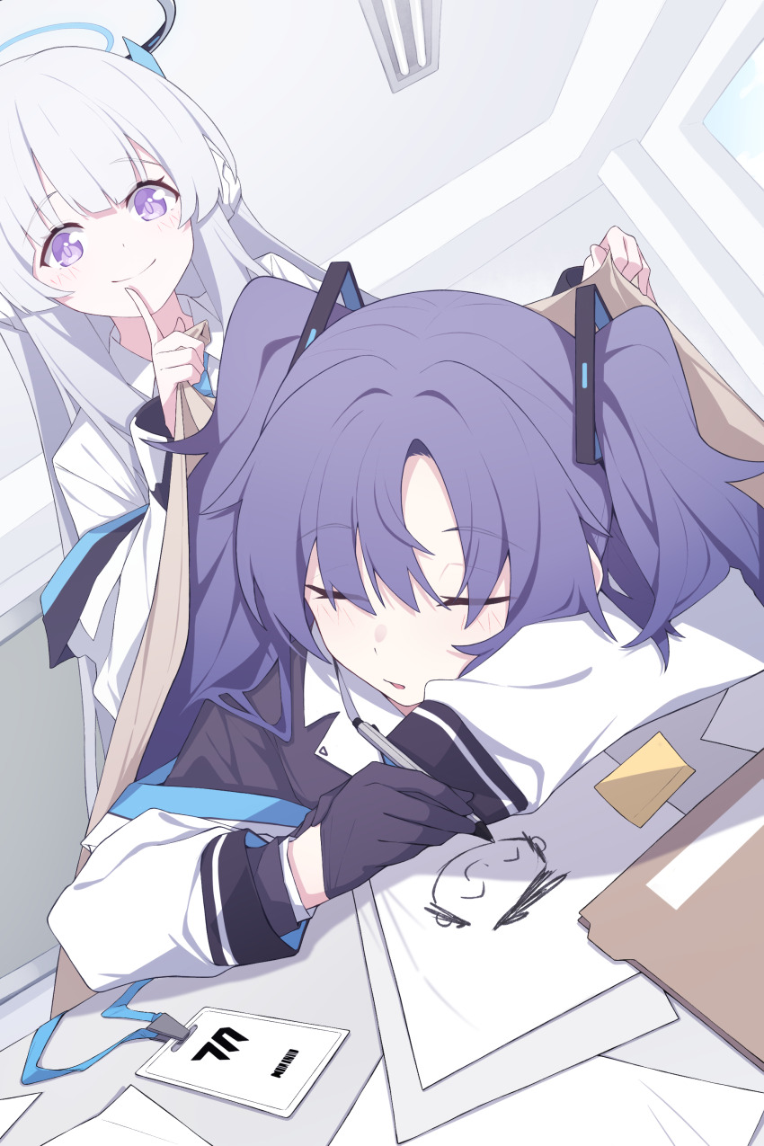 2girls absurdres black_gloves black_jacket blanket blue_archive blush closed_mouth collared_shirt doodle_sensei_(blue_archive) drawing_(object) dutch_angle finger_to_mouth gloves grey_hair grey_halo hair_ornament halo head_rest highres holding holding_blanket holding_pen id_card indoors jacket long_sleeves looking_at_viewer millennium_science_school_logo mmhomm multiple_girls noa_(blue_archive) off_shoulder parted_bangs parted_lips pen purple_eyes purple_hair revision sensei_(blue_archive) shirt shushing sleeping smile table two_side_up white_jacket white_shirt yuuka_(blue_archive)