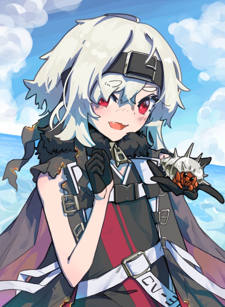 1girl absurdres azur_lane belt black_coat black_gloves blue_sky bon_homme_richard_(azur_lane) bon_homme_richard_(meta)_(azur_lane) buckle burnt_clothes cloud cloudy_sky coat commission crab crustacean day dongyun_dy fur-trimmed_coat fur_trim gloves grey_hair hair_belt hermit_crab highres horizon ocean open_clothes open_coat outdoors pixiv_commission red_eyes shell short_hair sky torn_clothes torn_coat water white_belt