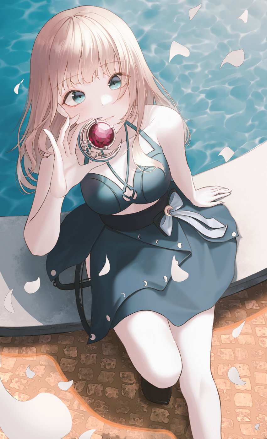 1girl absurdres bare_shoulders black_shoes blonde_hair bra closed_mouth collarbone crescent crescent_pin day falling_petals foot_out_of_frame fountain from_above green_bra green_eyes green_skirt hand_on_floor highres holding long_hair looking_at_viewer looking_up midriff_peek original outdoors outstretched_leg petals seina_106 shoes sitting skirt smile solo sunlight underwear water