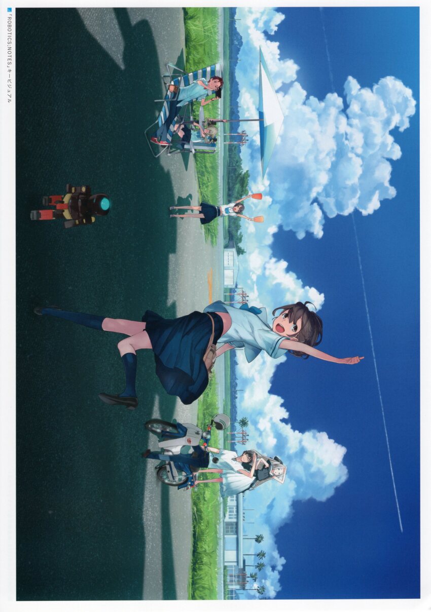 2boys 4girls airfield airi_(robotics;notes) airport arm_up arms_up barefoot beach_umbrella belt belt_buckle belt_pouch black_bow black_shoes blonde_hair blue_bow blue_pants blue_skirt blue_sky blue_socks bow braid brown_belt brown_eyes brown_hair brown_shoes buckle building chest_bow chuo_tanegashima_high_school_uniform clothes_lift cloud cloudy_sky contrail copyright_name crop_top cumulonimbus_cloud daitoku_junna dark-skinned_female dark_skin day deck_chair dress dynamic_pose exif_rotation fukuda_tomonori glasses grass grey_hair hair_between_eyes hair_bow hidaka_subaru highres hill holding holding_tablet_pc hooded_dress kneehighs koujiro_frau leather_belt loafers long_hair long_skirt looking_afar looking_back looking_up midriff midriff_peek miniskirt motor_vehicle motorcycle multiple_boys multiple_girls non-web_source official_art open_mouth outdoors outstretched_arm palm_tree pants parasol pleated_skirt ponytail_with_braided_base pouch red_shirt red_shoes ribbon robot robotics;notes running runway sailor_collar school_uniform scooter senomiya_akiho serafuku shade shading_eyes shadow shirt shirt_lift shoes short_hair short_sleeves sitting skirt sky sleeping smile sneakers socks summer summer_uniform tablet_pc tanegashima_airport tanegashimachine-3 teeth text_focus thighs thumbs_up toy_robot tree twintails umbrella upper_teeth_only very_long_hair white_belt white_dress white_sailor_collar white_shirt white_skirt yashio_kaito