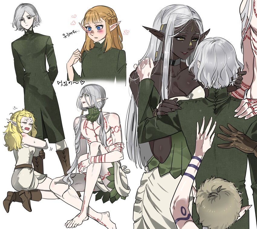 2boys 4girls absurdres arm_tattoo back bags_under_eyes bare_shoulders black_eyes blonde_hair blue_eyes blush braid chest_tattoo choker cithis dark-skinned_female dark_elf dark_skin dungeon_meshi elf facial_mark fleki forehead_mark gorget green_eyes grey_hair hair_around_ear hand_in_another&#039;s_hair hand_on_another&#039;s_back hand_on_another&#039;s_shoulder highres hugging_another&#039;s_leg jewelry knee_up kneeling korean_text lazy_eye leg_grab long_hair long_sleeves low_twintails lycion mithrun multiple_boys multiple_girls notched_ear oejikim otta_(dungeon_meshi) out_of_frame pattadol pointy_ears purple_eyes shirt short_hair simple_background smile tattoo topless_male tunic turn_pale twintails uneven_eyes very_short_hair white_background yellow_eyes