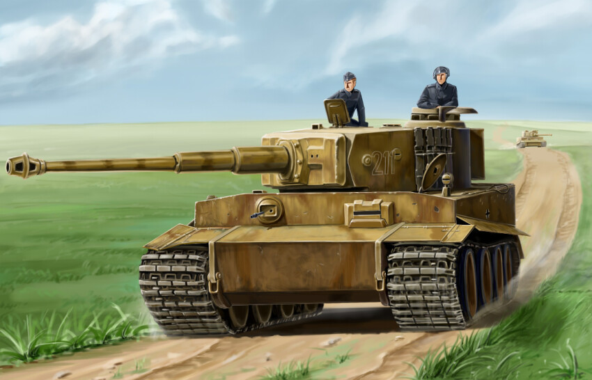 2boys balkenkreuz cannon cloud cloudy_sky cross dirt_road driving field grass kcme military military_uniform military_vehicle motor_vehicle multiple_boys original outdoors road sky tank tiger_i vehicle_focus wehrmacht