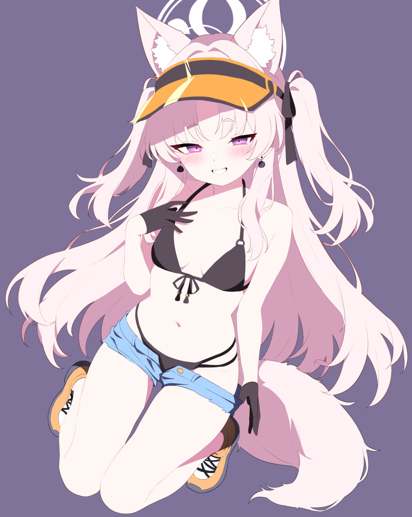 1girl absurdres ahoge alternate_costume animal_ear_fluff animal_ears austsue bare_shoulders beach belly bikini black_bikini black_gloves black_ribbon blue_archive blush commission denim denim_shorts fox_ears fox_girl gloves grin hair_ribbon hand_on_own_chest hat highres kuzunoha_(blue_archive) long_hair looking_at_viewer navel ocean parted_bangs pixiv_commission purple_eyes ribbon shoes shorts sidelocks smile solo swimsuit two_side_up visor_cap white_hair yellow_hat yellow_shoes
