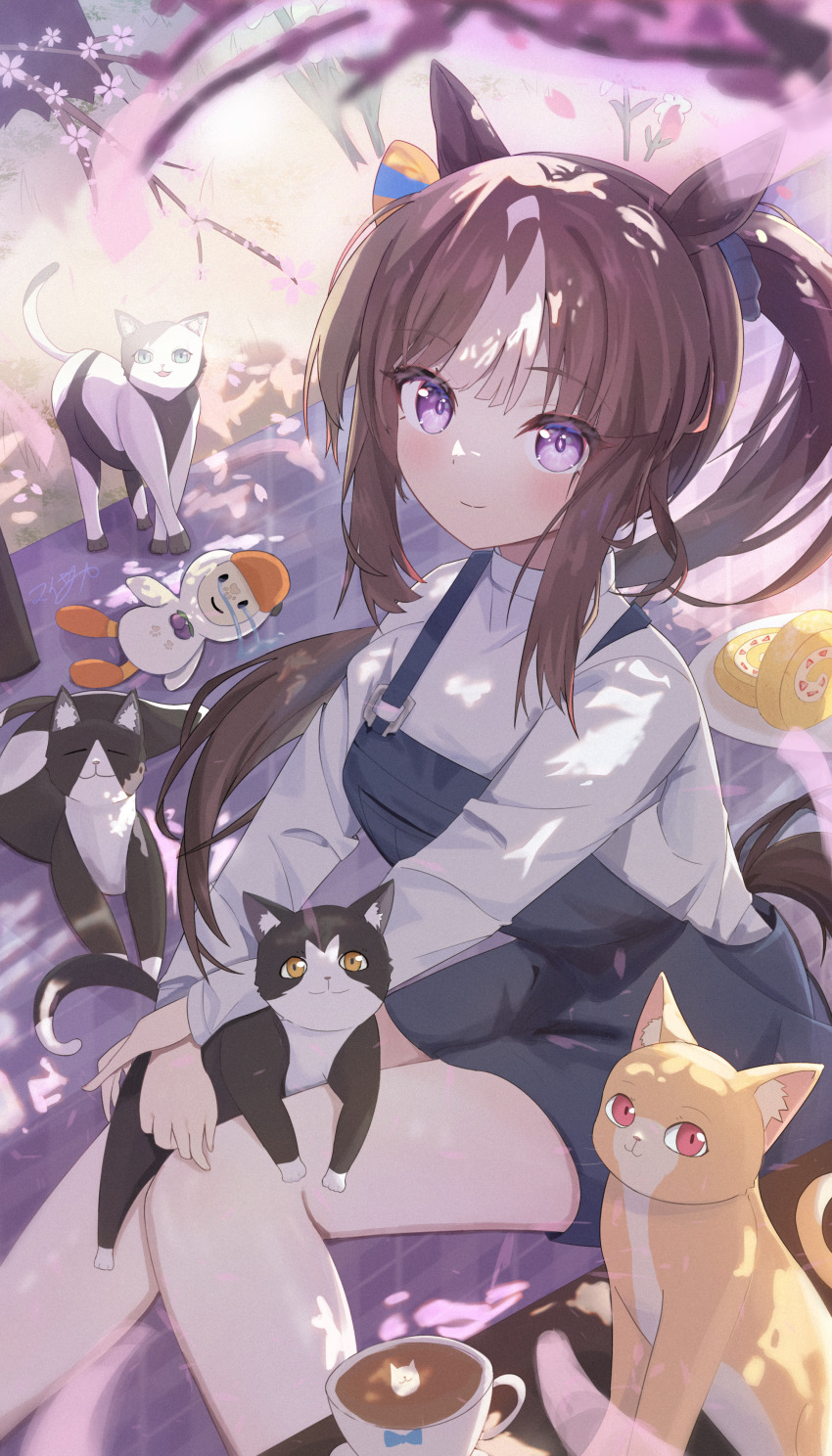1girl absurdres alternate_costume alternate_hairstyle animal_ears black_scrunchie brown_hair cat cherry_blossoms cup hair_ornament hair_scrunchie highres hokko_tarumae_(umamusume) horse_ears horse_girl long_hair looking_at_viewer maisaka_haruka overalls ponytail purple_eyes scrunchie smile sweater tomachop umamusume white_sweater