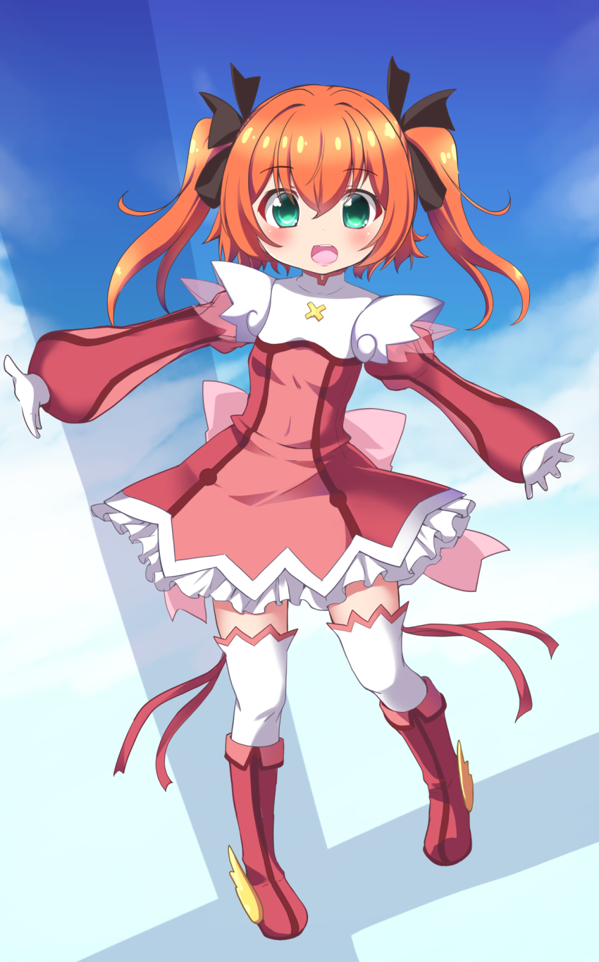 1girl :d back_bow black_ribbon blue_sky blush boots bow breasts cloud cloudy_sky commentary cross-laced_clothes cross-laced_dress crossed_bangs dress frilled_thighhighs frills full_body geo_(yukishitadou) gloves green_eyes hair_between_eyes hair_ribbon highres kaitou_tenshi_twin_angel long_hair long_sleeves looking_at_viewer magical_girl minazuki_haruka_(twin_angel) multicolored_dress open_mouth orange_hair outstretched_arms petticoat pigeon-toed pink_bow pink_dress puffy_long_sleeves puffy_sleeves red_boots red_dress ribbon short_dress shoulder_pads sky small_breasts smile solo spread_arms spread_fingers standing tareme teeth thighhighs twin_angel twintails two-tone_dress upper_teeth_only white_gloves white_thighhighs zettai_ryouiki
