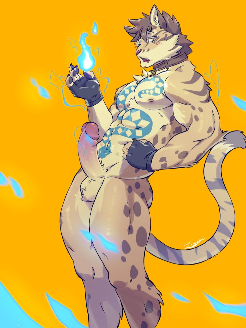 1boy abs animal_ears ass bara bell black_gloves blue_fire blush chest_tattoo claws collar commentary completely_nude english_commentary erection fingerless_gloves fire furry furry_male gloves hand_on_own_hip highres jingle_bell leopard_boy leopard_ears leopard_tail likulau_(nekojishi) looking_at_viewer male_focus muscular muscular_male neck_bell nekojishi nipples nude open_mouth orange_background pawpads pectorals penis snake_tattoo stomach_tattoo tail tattoo testicles tiggonthegreat