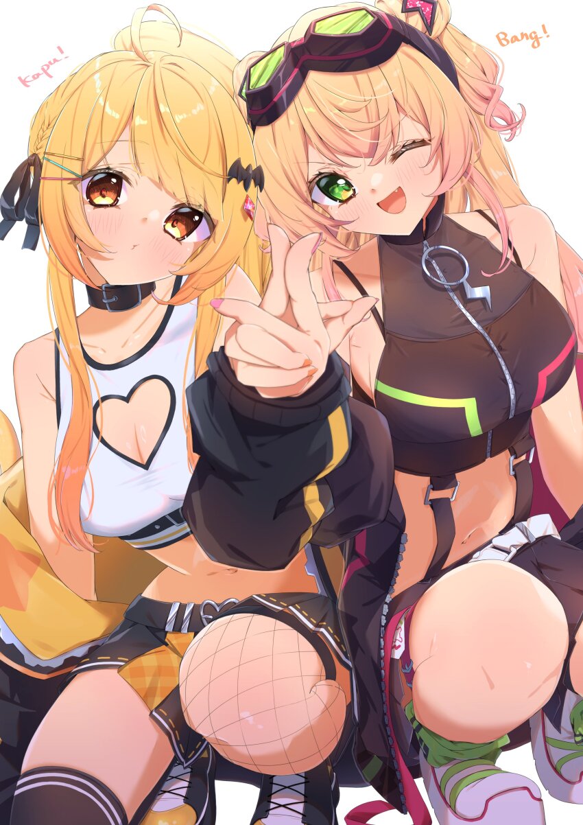 2girls absurdres ahoge alternate_costume animal_collar armpit_crease asymmetrical_legwear bare_shoulders bat_hair_ornament black_bow black_jacket black_shoes black_skirt black_thighhighs blonde_hair blunt_bangs blush bow breasts brown_collar cleavage cleavage_cutout clothing_cutout collar crop_top cropped_shirt crossed_bangs eyewear_on_head fang fishnets goggles goggles_on_head gradient_hair green_eyes green_socks hair_bow hair_ornament hairclip halter_shirt halterneck heart_cutout highres hololive interlocked_fingers jacket large_breasts long_hair looking_at_viewer loose_socks midriff miniskirt momosuzu_nene multicolored_hair multicolored_jacket multiple_girls nail_polish navel off_shoulder official_alternate_costume official_alternate_hairstyle one_eye_closed open_mouth orange_jacket orange_nails orange_skirt pink_hair pink_nails puckered_lips shoes simple_background skirt smile socks squatting starfield0613 stomach streetwear talking tank_top thighhighs two-tone_jacket two-tone_skirt two_side_up virtual_youtuber white_background white_shoes yellow_eyes yozora_mel yozora_mel_(streetwear) zipper