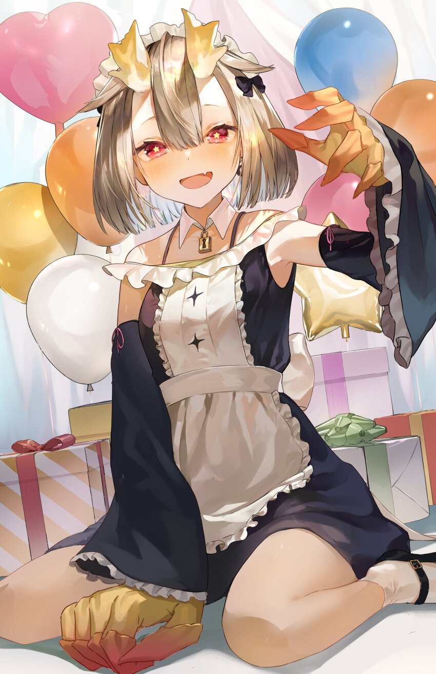 :d absurdres ahoge apron artist_request balloon black_bow black_dress black_footwear blonde_hair blue_hair blunt_bangs bow box breasts colored_inner_hair cowlick cropped_legs detached_collar detached_sleeves double-parted_bangs dragon_girl dress earrings fang frilled_apron frilled_sleeves frills gift gift_box hair_between_eyes heart_balloon highres huge_claws jewelry locket looking_at_viewer maid maid_apron maid_headdress medium_hair multicolored_hair official_art open_mouth pendant phase_connect red_eyes sitting skin_fang small_breasts smile socks star_(symbol) star_in_eye symbol_in_eye two-tone_hair utatane_nasa virtual_youtuber wariza white_socks