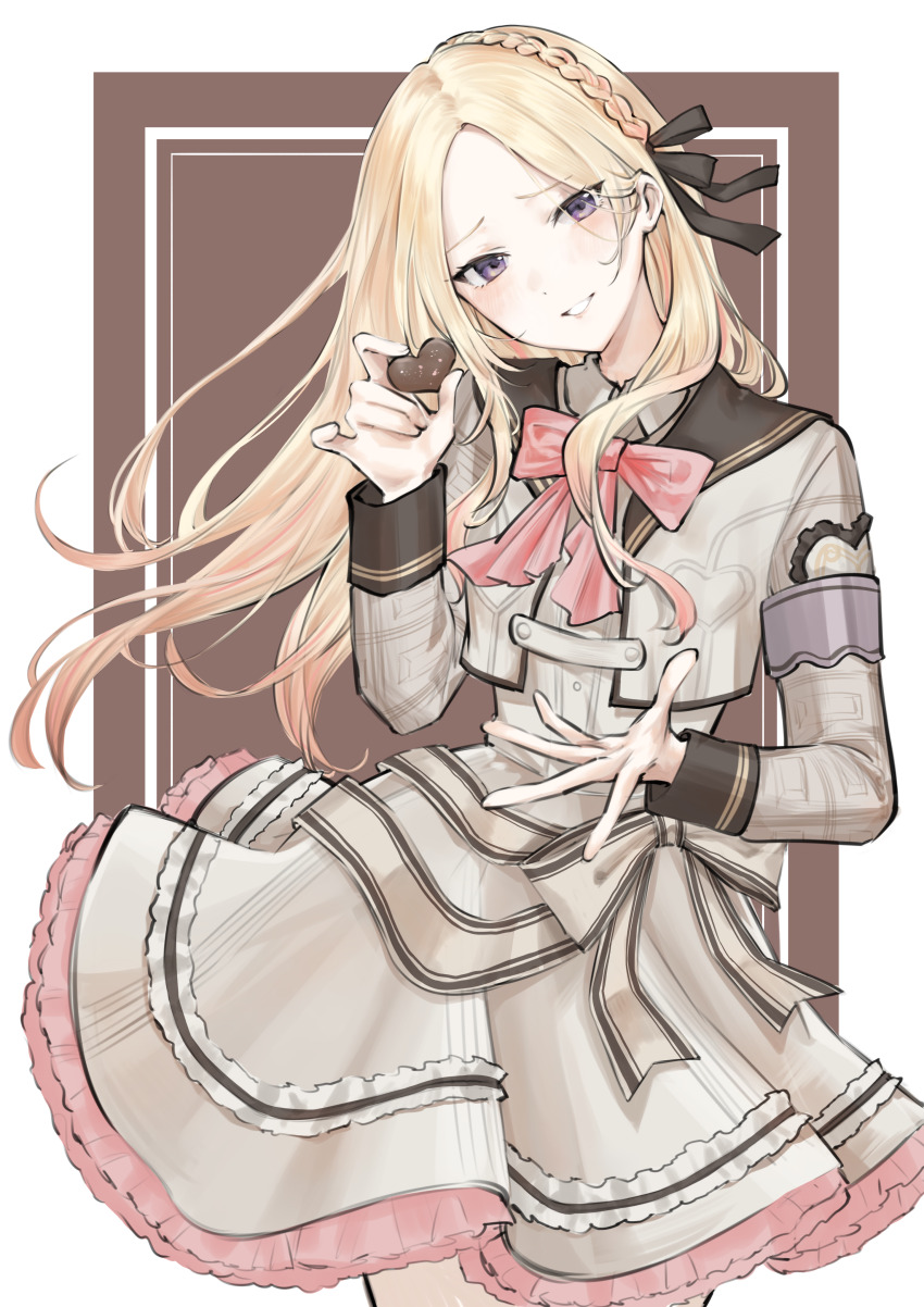 1girl absurdres aburi-gatana black_ribbon border braid brown_dress brown_jacket candy chocolate chocolate_heart cropped_jacket dress food forehead gakuen_idolmaster hair_ribbon happy_mille-feuille_(idolmaster) heart heart-shaped_food highres holding holding_chocolate holding_food idolmaster jacket juo_sena long_hair long_sleeves looking_at_viewer maid_headdress ribbon solo very_long_hair white_border