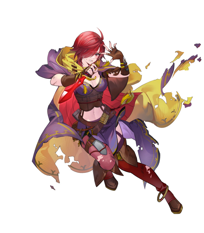 1girl boots breasts brown_gloves cleavage dagger female_focus fingerless_gloves fire_emblem fire_emblem:_the_blazing_blade fire_emblem_heroes gloves hair_over_one_eye highres holding holding_dagger holding_knife holding_weapon knife large_breasts leila_(fire_emblem) leila_(superb_shadow)_(fire_emblem) matching_hair/eyes medium_breasts midriff navel nintendo non-web_source official_alternate_costume official_art red_boots red_eyes red_hair solo torn_clothes weapon