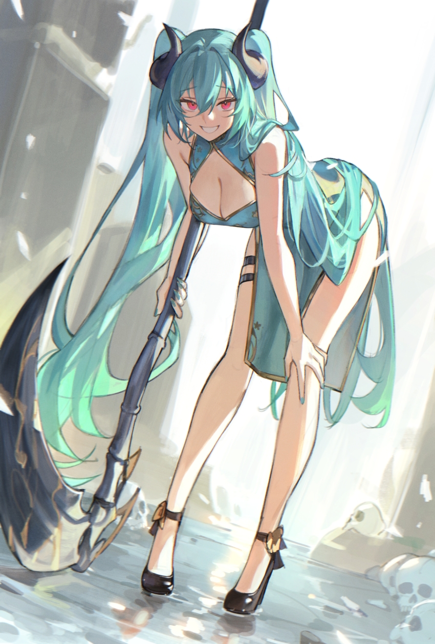 1girl absurdres aqua_dress aqua_hair aqua_nails bent_over black_horns black_shoes breasts china_dress chinese_clothes cleavage cleavage_cutout clothing_cutout commission curled_horns demon_horns dress fingernails gold_trim grin hair_between_eyes hand_on_own_knee highres holding holding_scythe horns large_breasts long_fingernails long_hair looking_at_viewer lucadark_art morello_(morellostorment) nail_polish original pelvic_curtain red_eyes scythe shoes skeb_commission skull sleeveless sleeveless_dress smile solo standing thigh_strap twintails very_long_hair